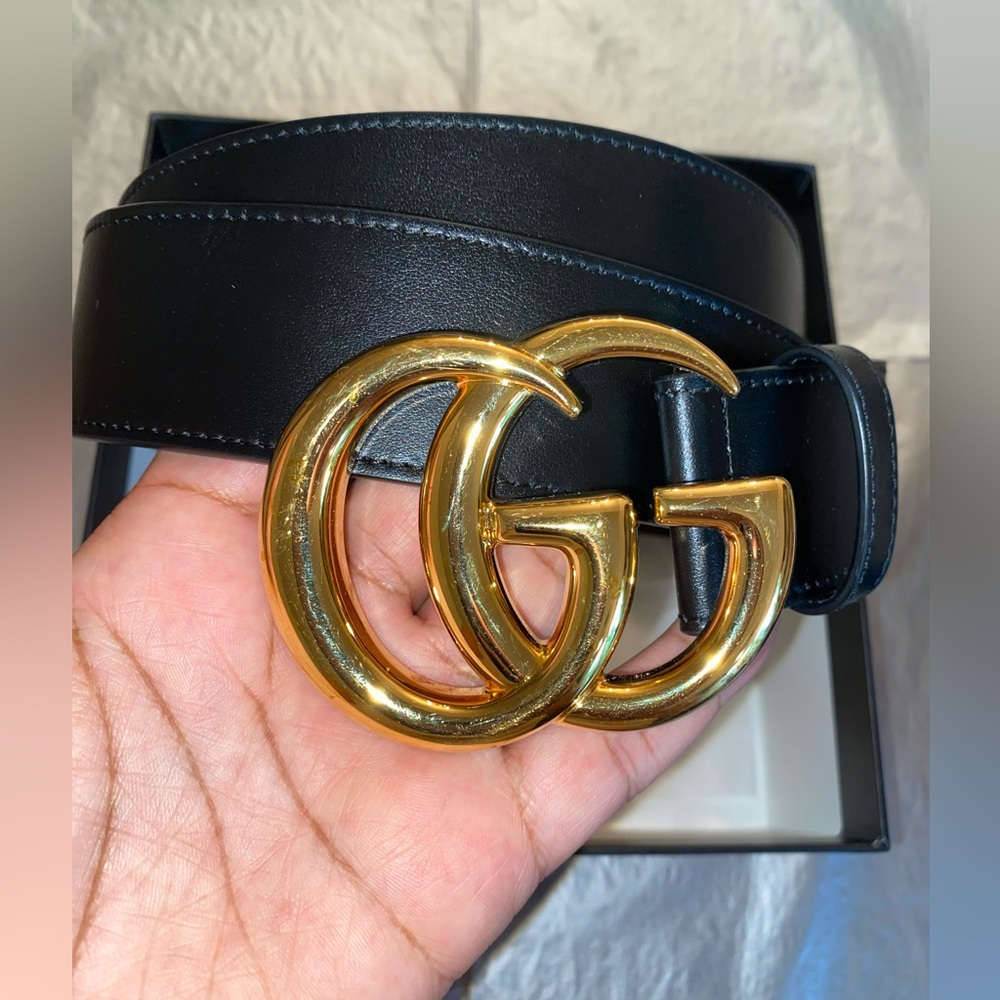 “ GUCCI” GG Marmont Leather Belt with shiny buckle